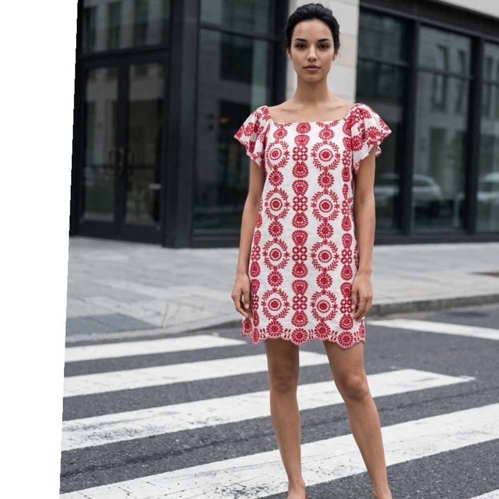 Lucy Paris Red White Floral Embroidered Flutter Sleeve Scallop Shift Dress L
